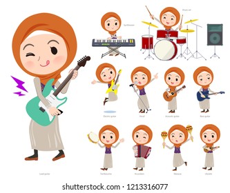 A set of women wearing hijab playing rock 'n' roll and pop music.There are also various instruments such as ukulele and tambourine.It's vector art so it's easy to edit.