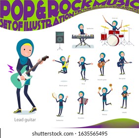 A set of women wearing hijab playing rock 'n' roll and pop music.There are also various instruments such as ukulele and tambourine.It's vector art so it's easy to edit.
