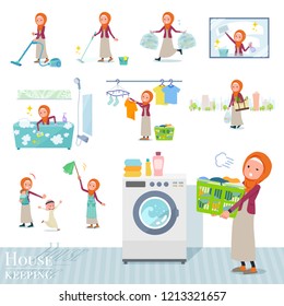 A set of women wearing hijab related to housekeeping such as cleaning and laundry.There are various actions such as child rearing.It's vector art so it's easy to edit.