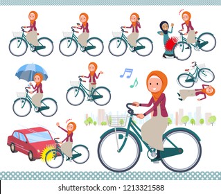 A set of women wearing hijab riding a city cycle.There are actions on manners and troubles.It's vector art so it's easy to edit.