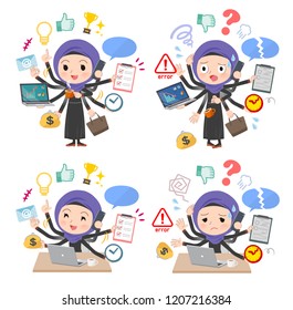 A set of women wearing hijab who perform multitasking in the office.There are things to do smoothly and a pattern that is in a panic.It's vector art so it's easy to edit.