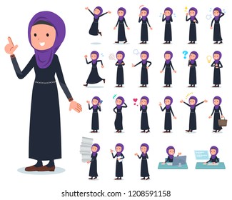 A set of women wearing hijab with who express various emotions.There are actions related to workplaces and personal computers.It's vector art so it's easy to edit.