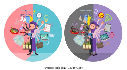 A set of women wearing hijab who perform multitasking in offices and private.There are things to do smoothly and a pattern that is in a panic.It's vector art so it's easy to edit.