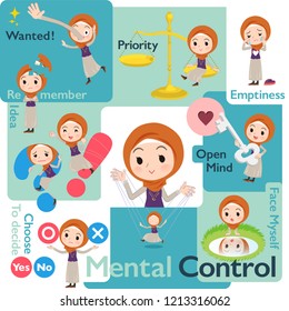 A set of women wearing hijab who control emotions.A variety of image illustrations expressing self emotion.It's vector art so it's easy to edit.