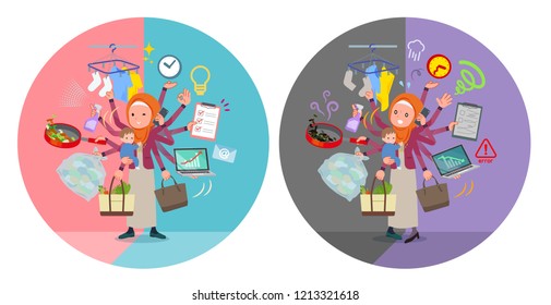 A set of women wearing hijab who perform multitasking in offices and private.There are things to do smoothly and a pattern that is in a panic.It's vector art so it's easy to edit.