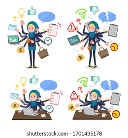 A set of women wearing hijab who perform multitasking in the office.There are things to do smoothly and a pattern that is in a panic.It's vector art so it's easy to edit.

