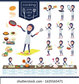 A set of women wearing hijababout cooking.There are actions that are cooking in various ways in the kitchen.It's vector art so it's easy to edit.