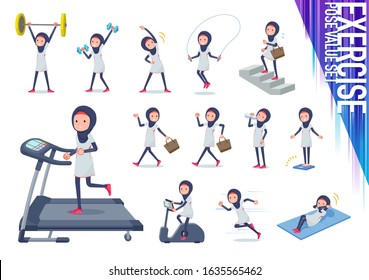 A set of women wearing hijabon exercise and sports.There are various actions to move the body healthy.It's vector art so it's easy to edit.
