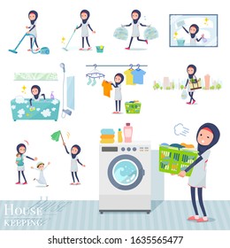 A set of women wearing hijabrelated to housekeeping such as cleaning and laundry.There are various actions such as child rearing.It's vector art so it's easy to edit.
