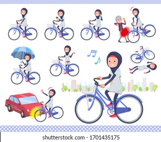 A set of women wearing hijabriding a city cycle.There are actions on manners and troubles.It's vector art so it's easy to edit.
