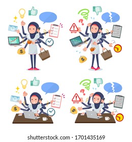 A set of women wearing hijabwho perform multitasking in the office.There are things to do smoothly and a pattern that is in a panic.It's vector art so it's easy to edit.
