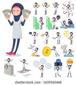 A set of women wearing hijabwith concerning money and economy.There are also actions on success and failure.It's vector art so it's easy to edit.
