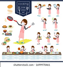 A set of women wearing mask about cooking.There are actions that are cooking in various ways in the kitchen.It's vector art so it's easy to edit.