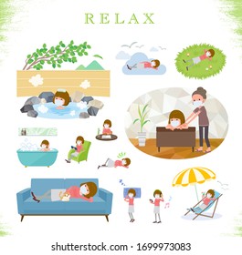 A set of women wearing mask about relaxing.There are actions such as vacation and stress relief.It's vector art so it's easy to edit.