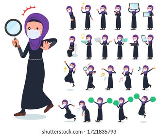 A set of women wearing mask and hijab with digital equipment such as smartphones.There are actions that express emotions.It's vector art so it's easy to edit.
