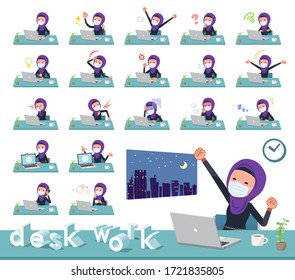 A set of women wearing mask and hijab on desk work.There are various actions such as feelings and fatigue.It's vector art so it's easy to edit.