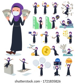 A set of women wearing mask and hijab with concerning money and economy.There are also actions on success and failure.It's vector art so it's easy to edit.