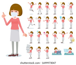 A set of women wearing mask with who express various emotions.There are actions related to workplaces and personal computers.It's vector art so it's easy to edit.
