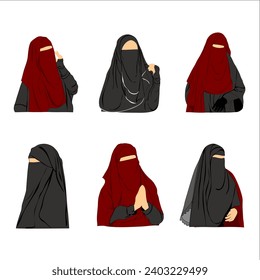 Set of women wearing niqab forsticker, background, template, and other.