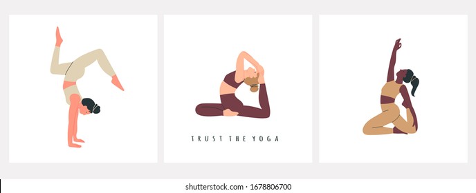 Set of women wearing sportswear doing Yoga. Girls in colorful clothes working out. Hand drawn colored Vector illustrations. Weight Loss. Health care and lifestyle concept. Calmness and relax