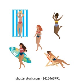 set of women wearing swimsuit with surfboard and tanning chair