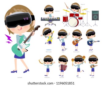 A set of women wearing virtual reality goggles playing rock 'n' roll and pop music.There are also various instruments such as ukulele and tambourine.It's vector art so it's easy to edit.