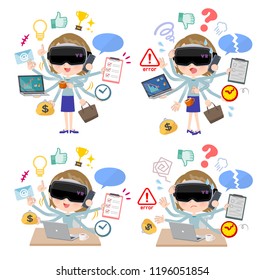 A set of women wearing virtual reality goggles who perform multitasking in the office.There are things to do smoothly and a pattern that is in a panic.It's vector art so it's easy to edit.