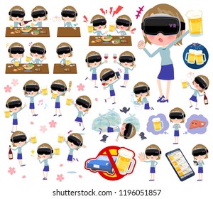 A set of women wearing virtual reality goggles related to alcohol.There is a lively appearance and action that expresses failure about alcohol.It's vector art so it's easy to edit.