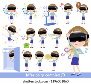 A set of women wearing virtual reality goggles on inferiority complex.There are actions suffering from smell and appearance.It's vector art so it's easy to edit.