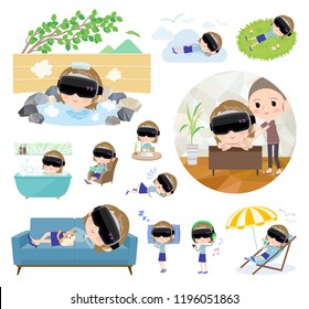 A set of women wearing virtual reality goggles about relaxing.There are actions such as vacation and stress relief.It's vector art so it's easy to edit.