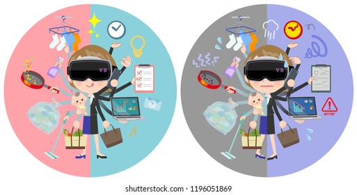 A set of women wearing virtual reality goggles who perform multitasking in offices and private.There are things to do smoothly and a pattern that is in a panic.It's vector art so it's easy to edit.