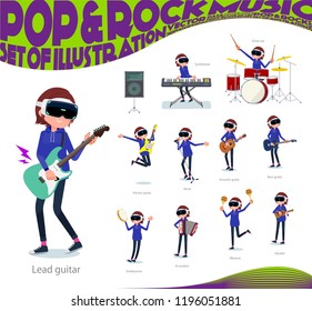 A set of women wearing virtual reality goggles playing rock 'n' roll and pop music.There are also various instruments such as ukulele and tambourine.It's vector art so it's easy to edit.