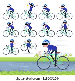 A set of women wearing virtual reality goggles on a road bike.There is an action that is enjoying.It's vector art so it's easy to edit.