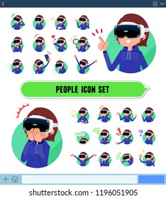 A set of women wearing virtual reality goggles with expresses various emotions on the SNS screen.There are variations of emotions such as joy and sadness.It's vector art so it's easy to edit.