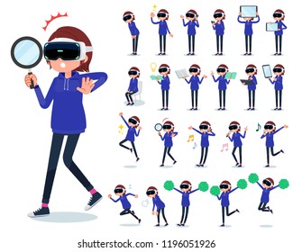 A set of women wearing virtual reality goggles with digital equipment such as smartphones.There are actions that express emotions.It's vector art so it's easy to edit.