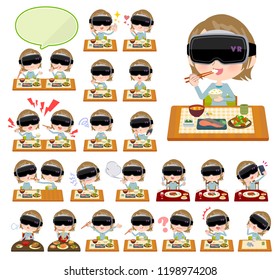 A set of women wearing virtual reality goggles about meals.Japanese and Chinese cuisine, Western style dishes and so on.It's vector art so it's easy to edit.
