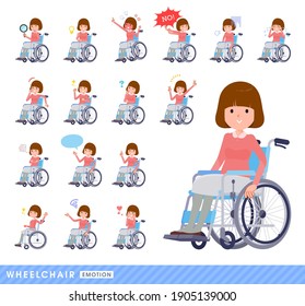 A set of women in a wheelchair.It depicts emotions such as laughter, anger, and trouble.It's vector art so easy to edit.