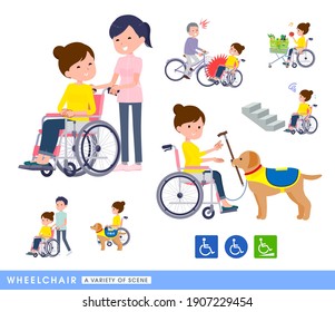 A set of women in a wheelchair.It depicts various situations of wheelchair users.It's vector art so easy to edit.