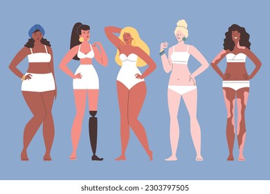 Set of women in white swimsuits flat style, vector illustration isolated on blue background. Diversity, happy beautiful characters, decorative design elements collection