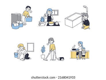 A set of women who are chased by daily chores, a comical handwritten person, a vector, a line drawing and a color