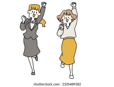 A set of women who express their joy and determination while pushing up their fists and jumping. Warm hand-drawn portrait illustrations.