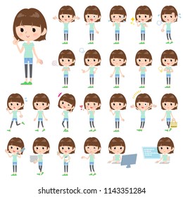 A set of women with who express various emotions.There are actions related to workplaces and personal computers.It's vector art so it's easy to edit.