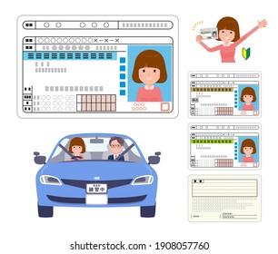 A set of women who get a driver's license.It's vector art so easy to edit."仮免許"="Provisional license"."練習中"="During practice"."優良"="Excellent".
英語での説明