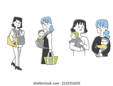  A set of women who go out with a baby in their arms. A comical handwritten person vector, simple coloring of line drawings.
