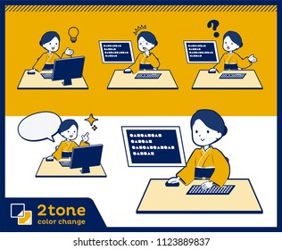 A set of women who operate a personal computer. There are actions that express surprises and doubts. With vector data, you can edit two colors in the Swatches panel.