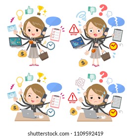 A set of women who perform multitasking in the office.
There are things to do smoothly and a pattern that is in a panic.
It's vector art so it's easy to edit.