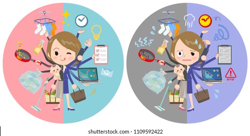 A set of women who perform multitasking in offices and private.
There are things to do smoothly and a pattern that is in a panic.
It's vector art so it's easy to edit.