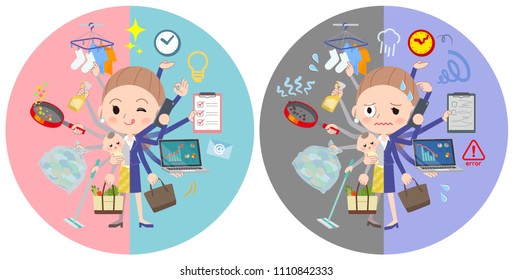A set of women who perform multitasking in offices and private.
There are things to do smoothly and a pattern that is in a panic.
It's vector art so it's easy to edit.
