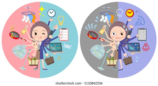 A set of women who perform multitasking in offices and private.
There are things to do smoothly and a pattern that is in a panic.
It's vector art so it's easy to edit.
