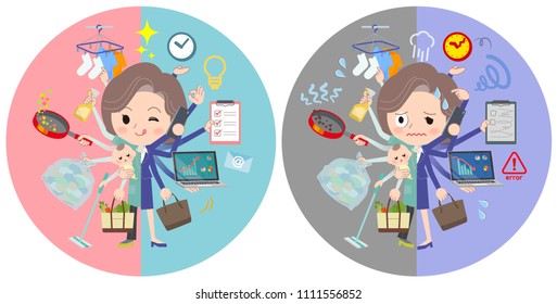 A set of women who perform multitasking in offices and private.
There are things to do smoothly and a pattern that is in a panic.
It's vector art so it's easy to edit.